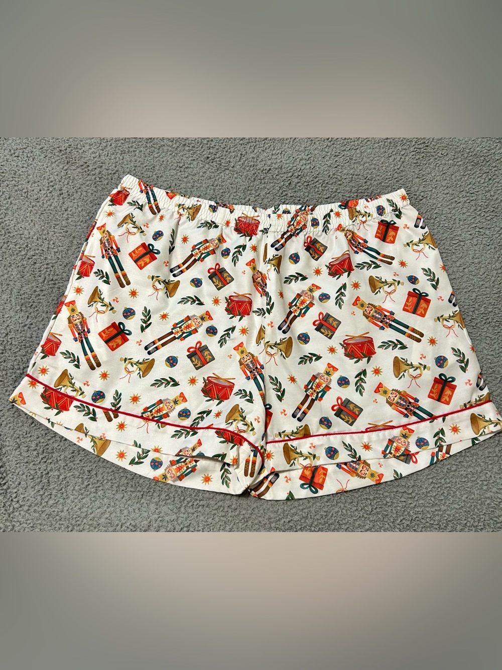 Mud Pie White Nutcracker Print Large Pajama Shorts with Red Trim